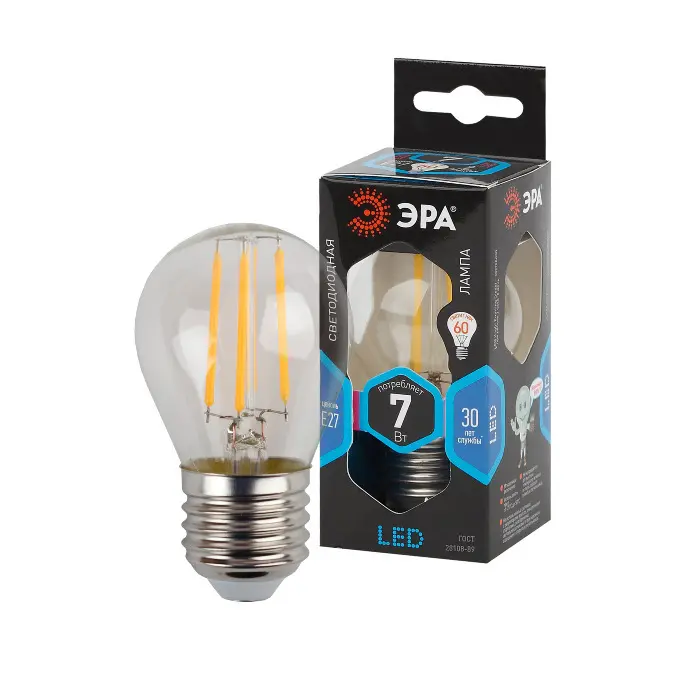 Лампа светодиодная филаментная ЭРА F-LED P45-7W-840-E27 шар 4000К