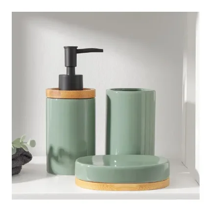 Фото для Набор для ванной комнаты SAVANNA «Джуно», 3 предмета (мыльница, дозатор для мыла, стакан), зеленый, 7500336