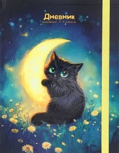 Фото для ДНЕВНИК МЛ КЛ ЭЛИТ PROF-PRESS 7БЦ РЕЗИНКА ВЫБОР ЛАК ДЛЯ ДЕВОЧЕК ((Д48-3273, ЧЁРНЫЙ КОТ И ПОЛУМЕСЯЦ)