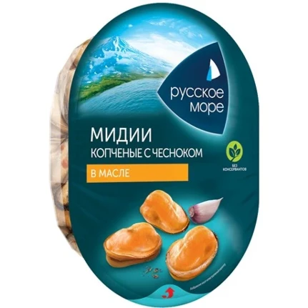 Фото для Мясо мидий Русское Море 180гр копченное в масле с чесноком/зеленью*6