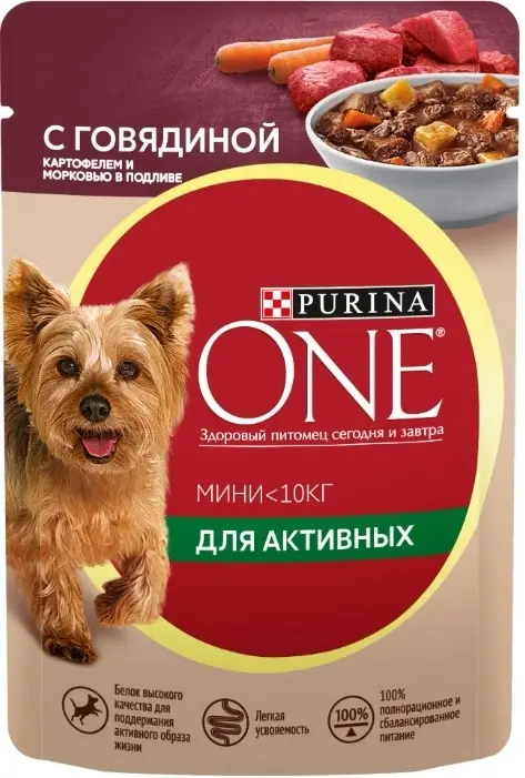Purina ONE MINI м/п д/активных собак, с говядиной, картофелем и морковью в подливе 85 гр