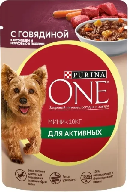 Фото для Purina ONE MINI м/п д/активных собак, с говядиной, картофелем и морковью в подливе 85 гр