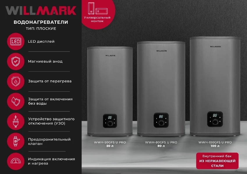 Фото для Водонагреватель WILLMARK WWH-100GFS U PRO (100л, 2000Вт,нерж,универ.монтаж.7 лет гарантия на бак)