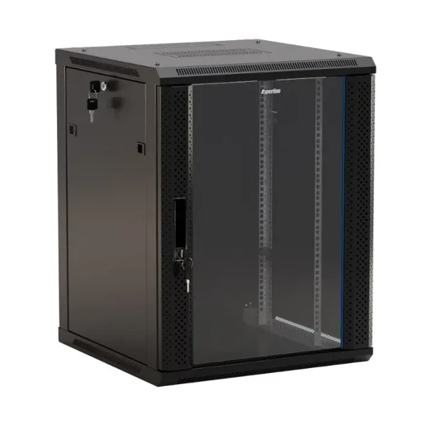 Фото для Шкаф настенный 19" Hyperline TWB-0945-GP-RAL9004, 9U 500x600х450 мм, стеклянная дверь с перф. черный