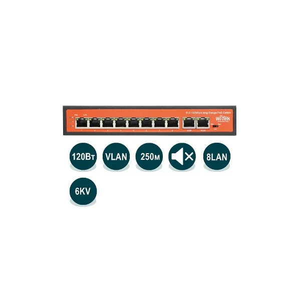 Фото для Неуправляемый коммутатор Wi-Tek WI-PS210 (v2) PoE 120 Вт, порты 8PoEFE+2FE, режим 250м