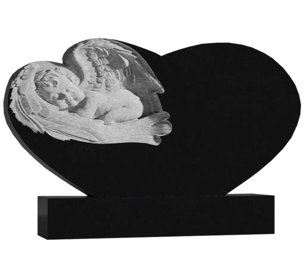 Детские гранитные памятники горизонтальные резные черные ГАР-19 "Сердце и Ангел"