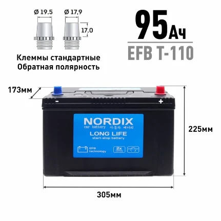 Фото для Аккумулятор Nordix T-110/115D31L, 95Ач, CCA 760А, необслуживаемый, технология EFB