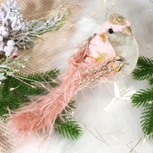 Фото для Украшение елочное Птица велюровая с перьями розовая 13см