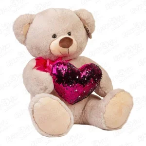 Фото для Игрушка мягкая медведь бежевый с розовым сердцем пайетками 51см