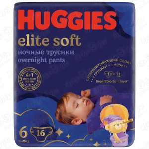 Трусики-подгузники ночные HUGGIES elite soft 6 15-25кг 16шт