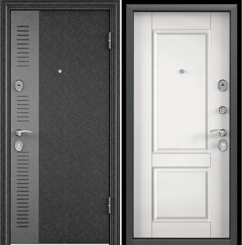 Дверь металлическая черный шелк SP-7G,левая,МДФ белый D15,фурн.хром,порог 860*2050*70 (1,5мм) ТОРЭКС