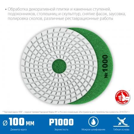 ЗУБР 100 мм, №1000, мокрое шлифование, алмазный гибкий шлифовальный круг АГШК, Профессионал (29866-1000)