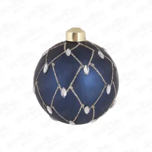 Фото для Украшение елочное шар синий с серебристым узором и стразами стеклянный 8см