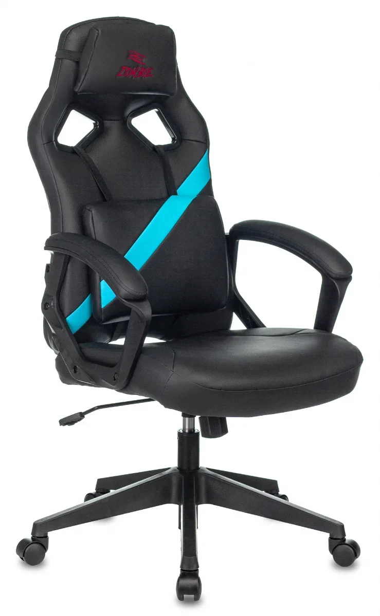 Кресло игровое Zombie DRIVER черный/голубой экокожа с подголов. крестов. пластик